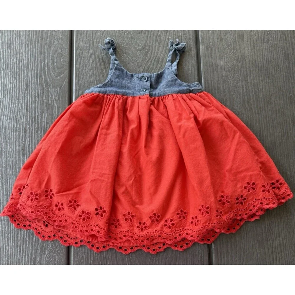 Baby Gap Girl Dress 6-12 Months Eyelet Trim Red Blue USA Chambray